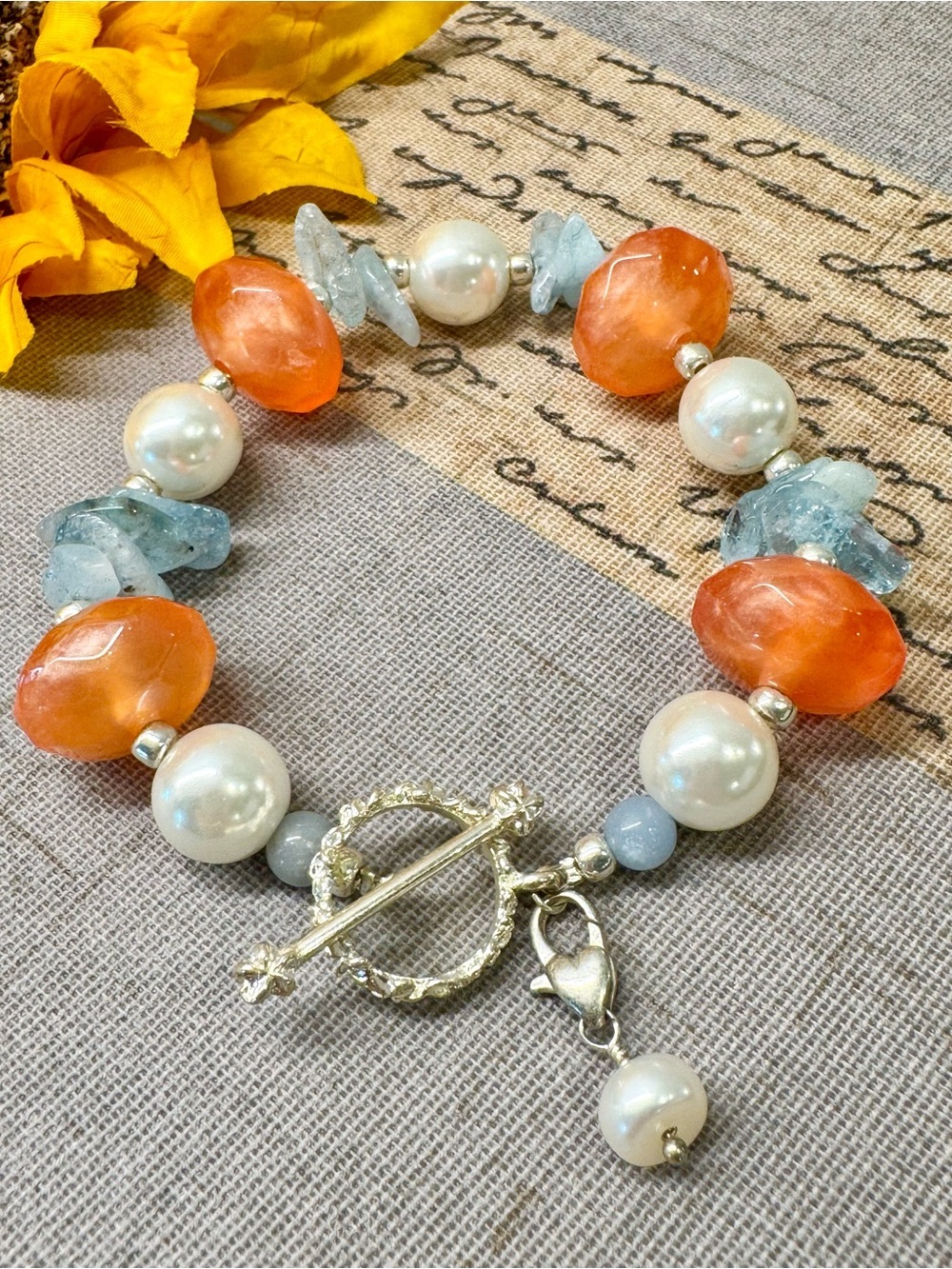 New Natural Blue Quartz Crystal & Pearl Bracelet w/ Sterling Silver Pearl Accent